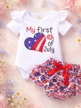 NWT Baby Girl 2 Piece My 1st 4th of July One Piece with Skirt and Headband - 6M